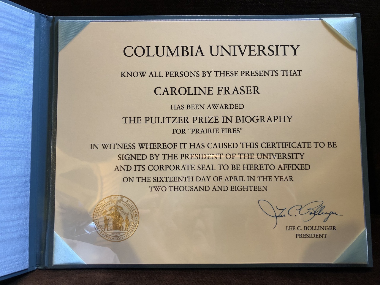 Pulitzer Prize certificate for Prairie Fires.